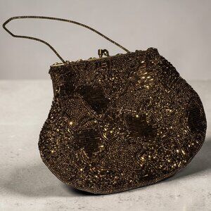 Vintage Evening Purse Clutch Wedding Prom Beaded Brown Sparkling